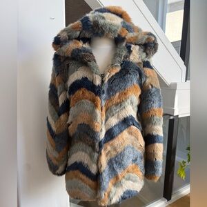 70s Inspired Chevron Faux Fur Jacket